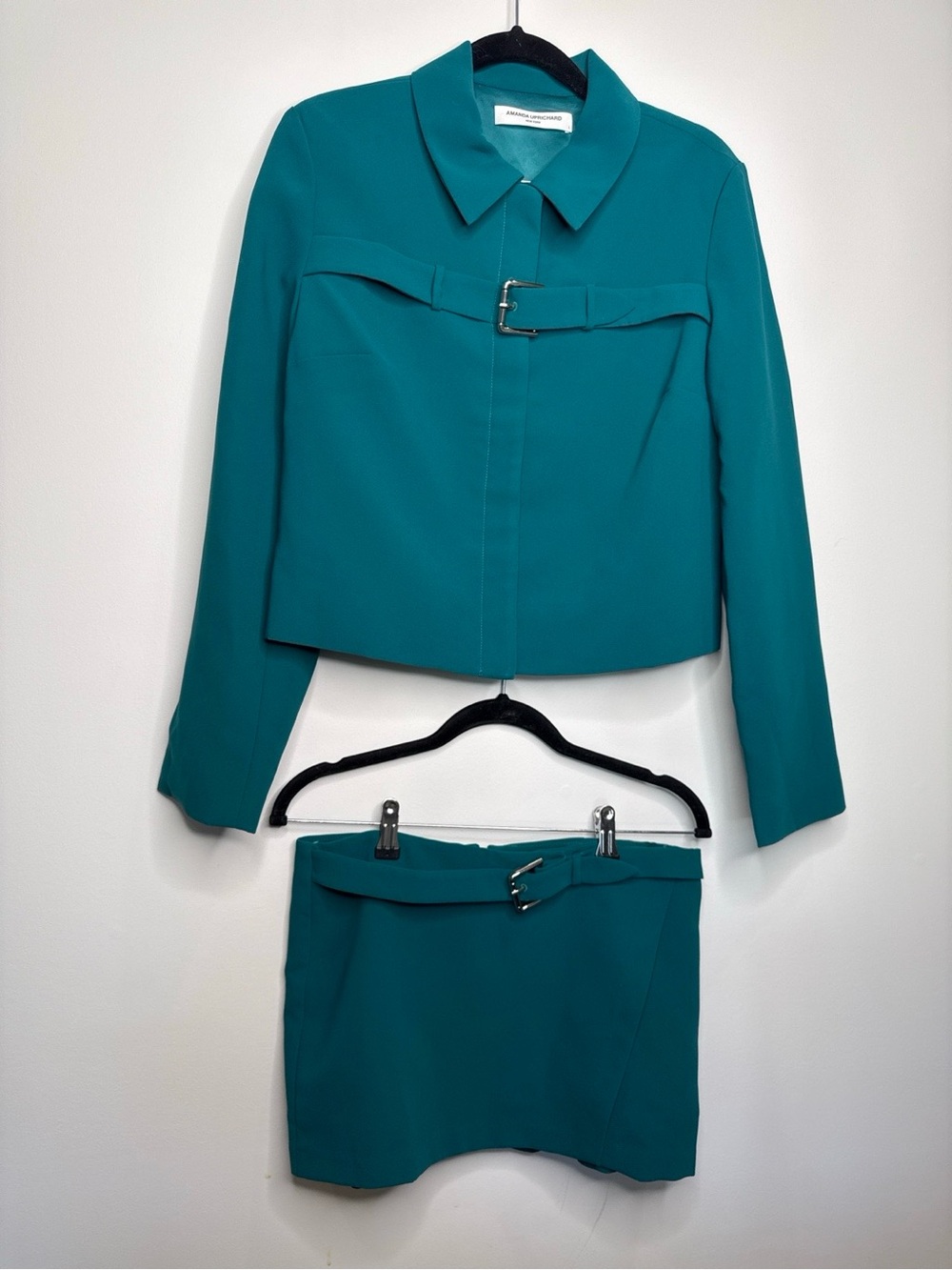 Amanda Uprichard Teal Cropped Jacket & Mini Skirt Set with Buckle